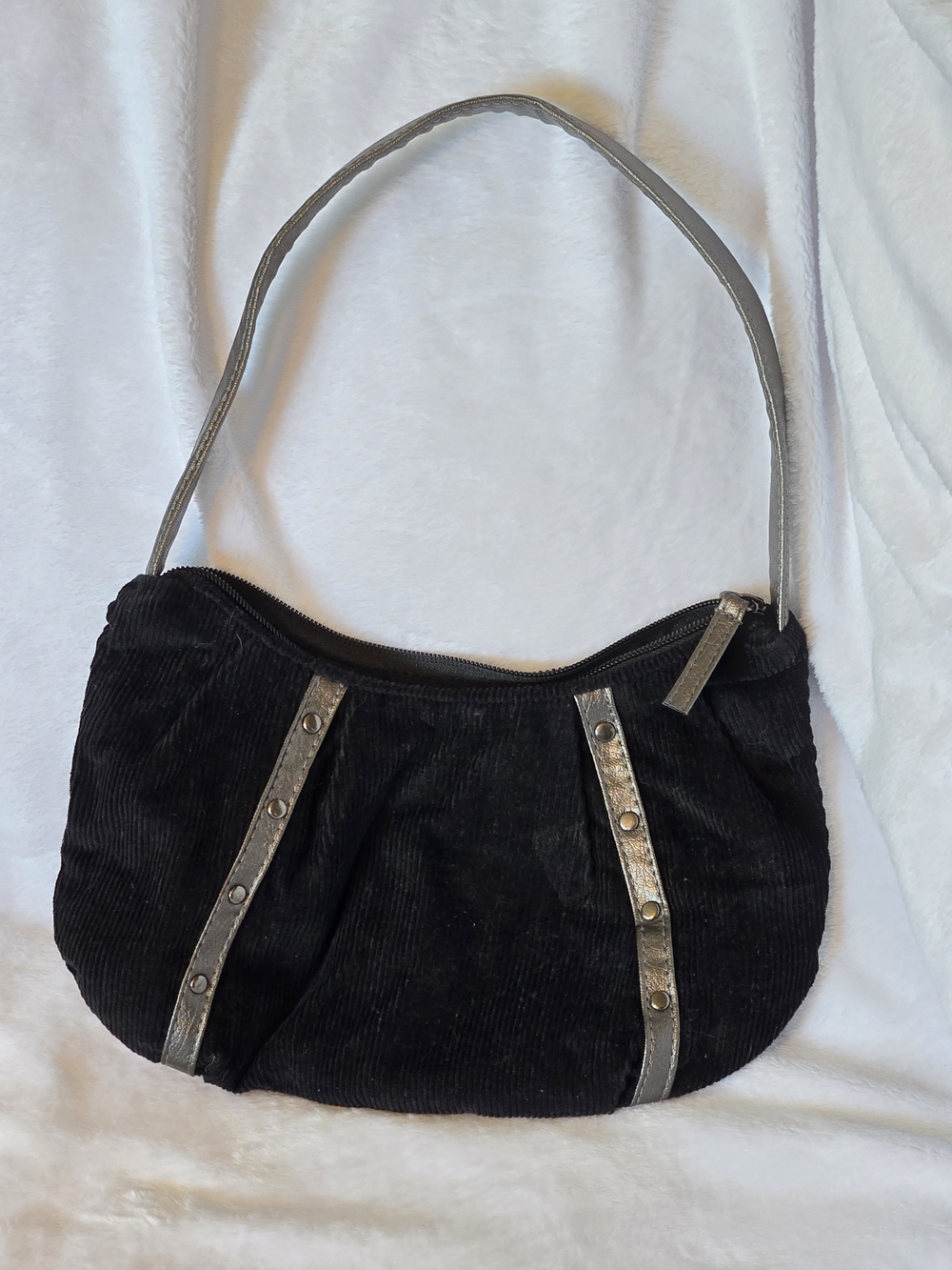 Y2k Lei Black Corduroy Shoulder Bag with Metallic Silver Accents